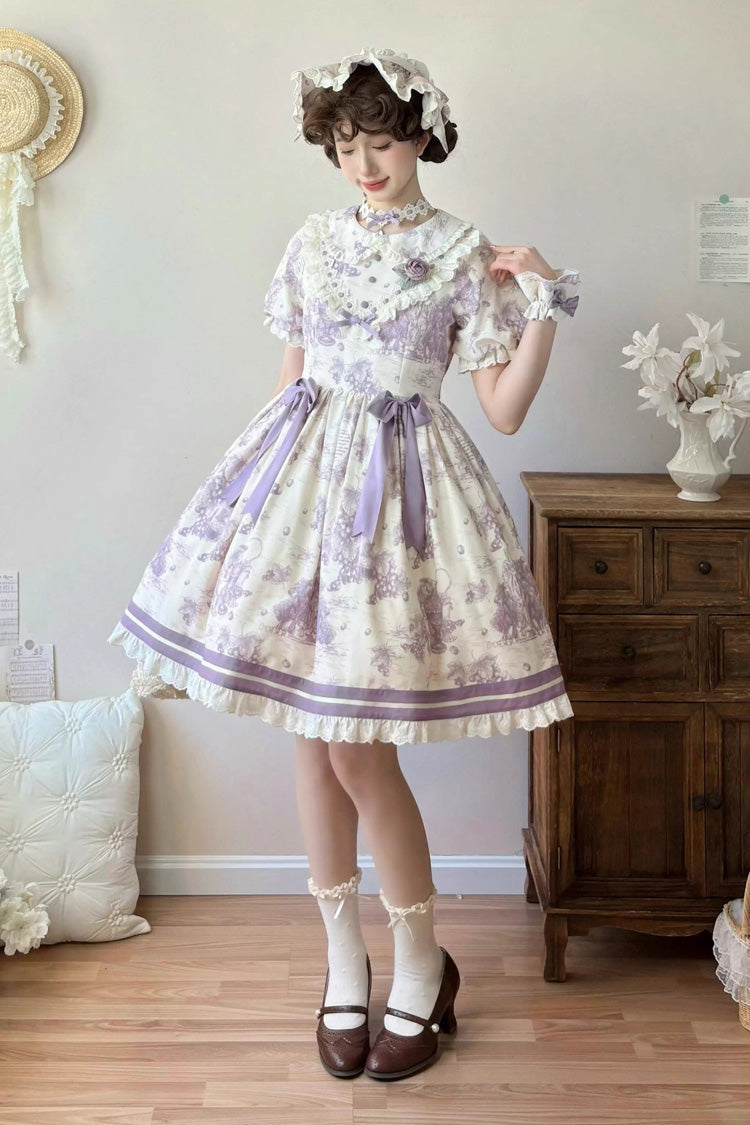 Violet Multi-Layered Ruffled Bow Short Sleeve Lolita Dress by Grape Moon Almanac - Grape Moon Almanac