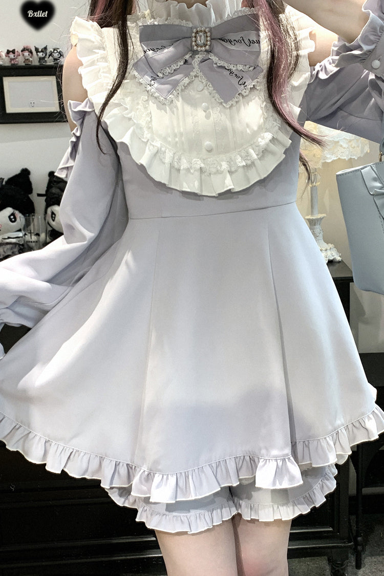 Light Blue Rose Princess Off Shoulder Long Sleeve Ruffle Bow Gothic Jirai Kei Dress
