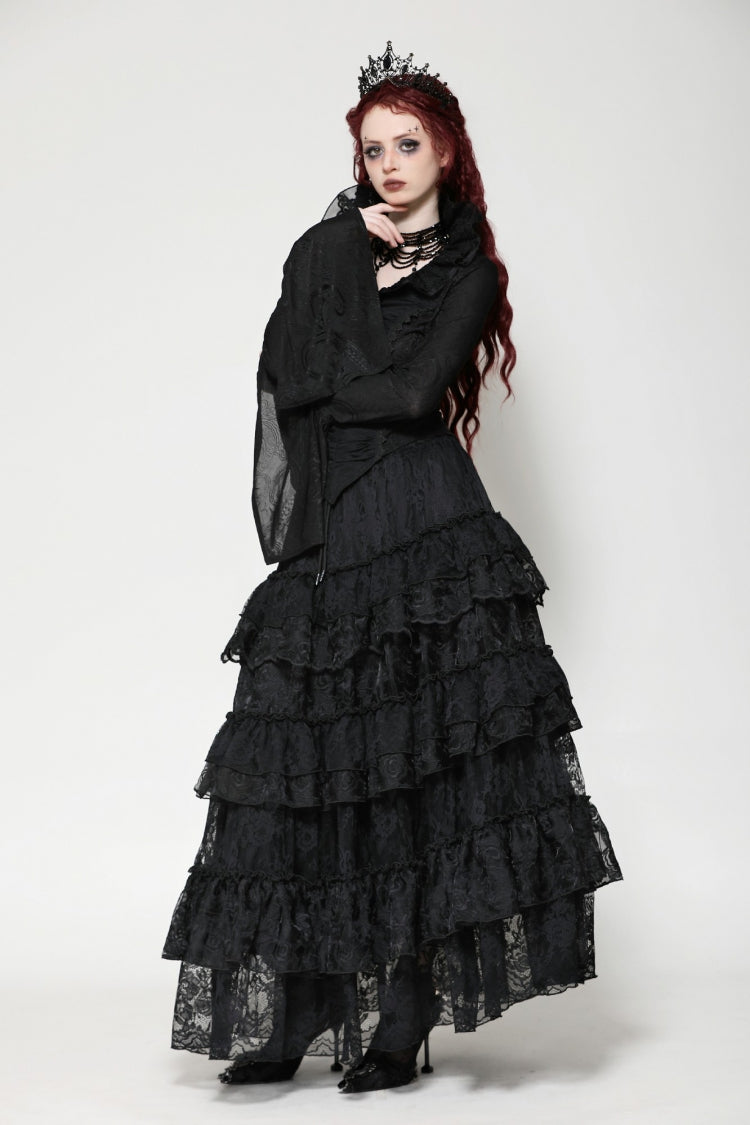 Ruffled V Stand Collar Long Flared Sleeve Jacquard Gothic Blouse for Women Lace