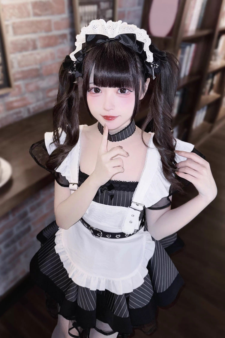 Grey/Black Short Sleeve Stripe Print Ruffle Jirai Kei Gown