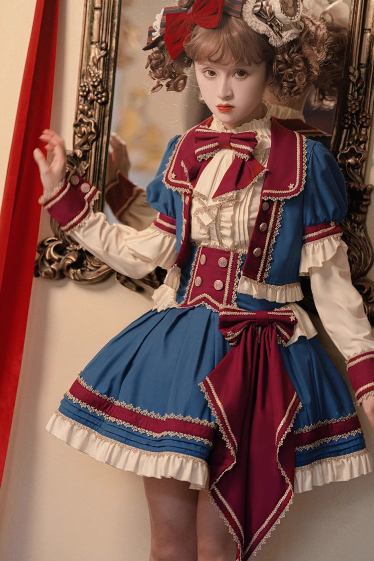 Patriotic Star Round Collar Ruffled Sweet Lolita Skirt Set - Red White Blue