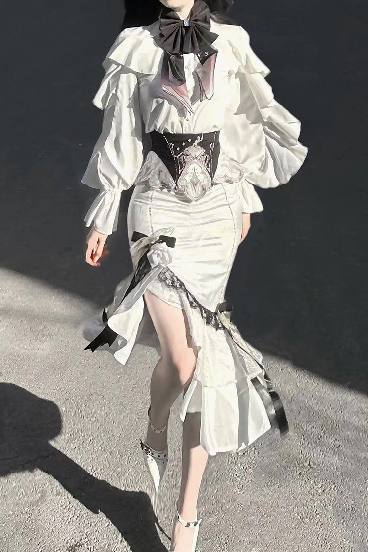 Ivory Jacquard Embroidered Irregular Skirt with Bow - Star Gate