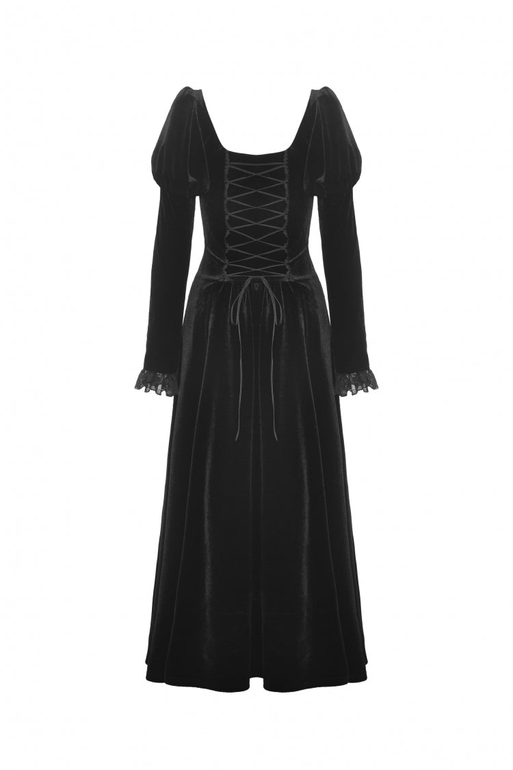 Ink Crewneck Long Puff-Sleeve Lace Hem High-Low Velvet Gothic Wedding Dress for Women