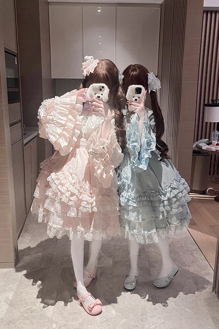 Blue Soloist Doll Long Hime Sleeve Multi-Layer Print Ruffle Bow Asymmetrical Sweet Lolita