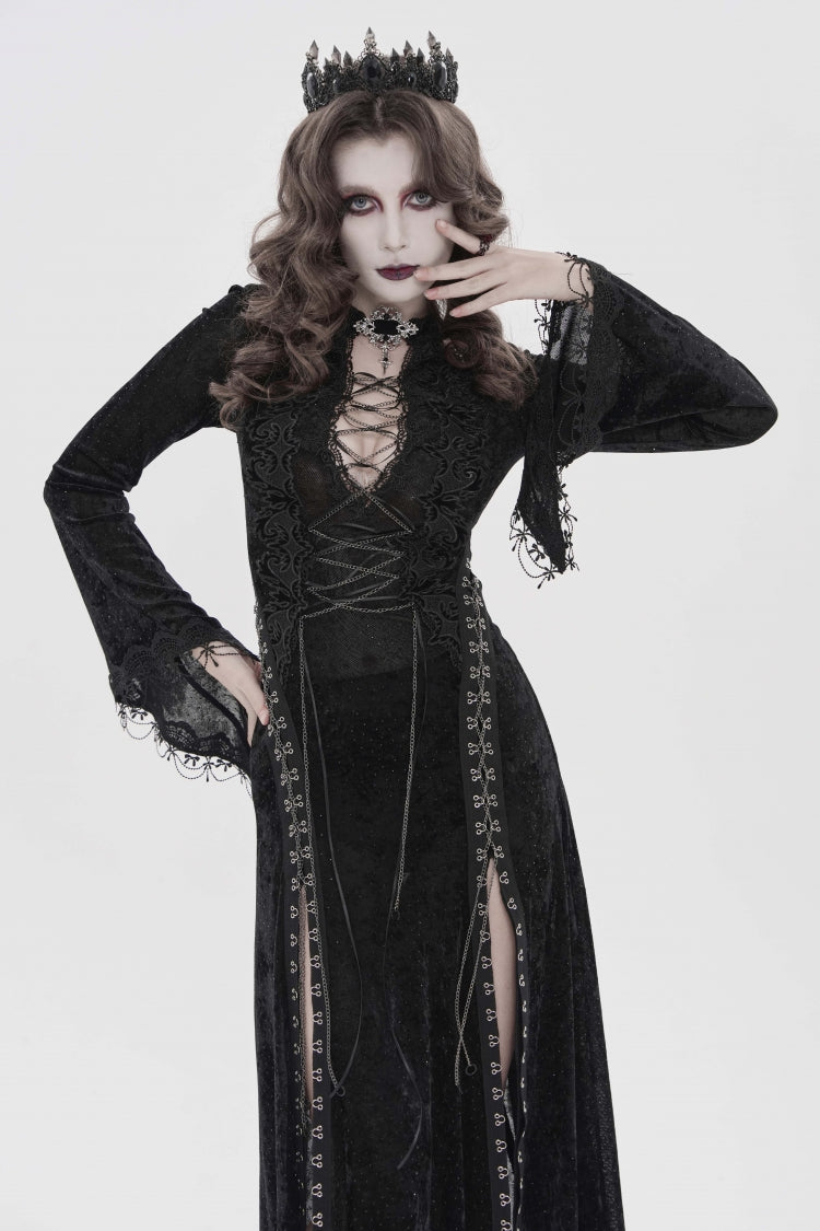 Dramatic Black Hanayome Lace Lace-Up Chain-Decorated Trumpet Sleeve Halter Gothic Plunging Split Maxi Gown