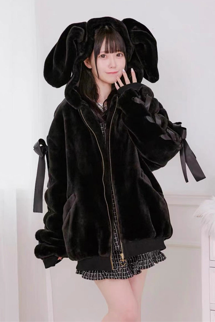 Black Rabbit Ears Bowknot Lace-Up Hooded Jirai Kei Coat