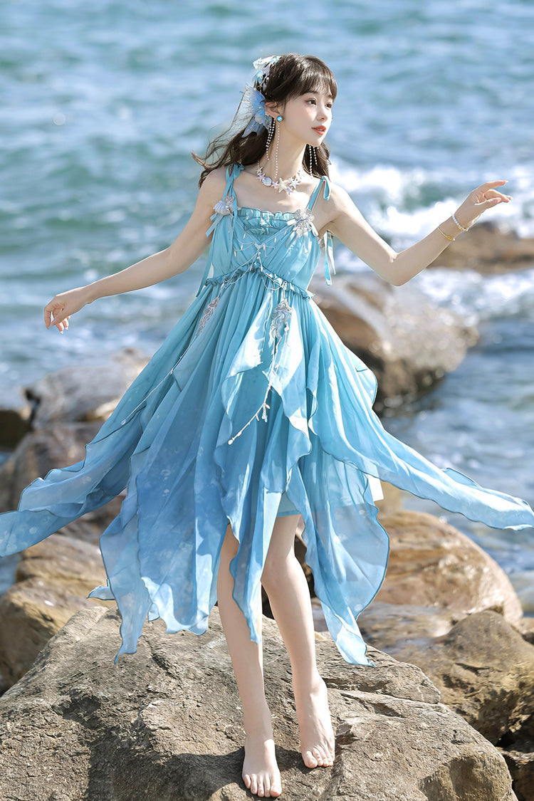 Gradient Print Irregular Hooded Sweet Lolita Jumper Dress Cloak Set - Blue