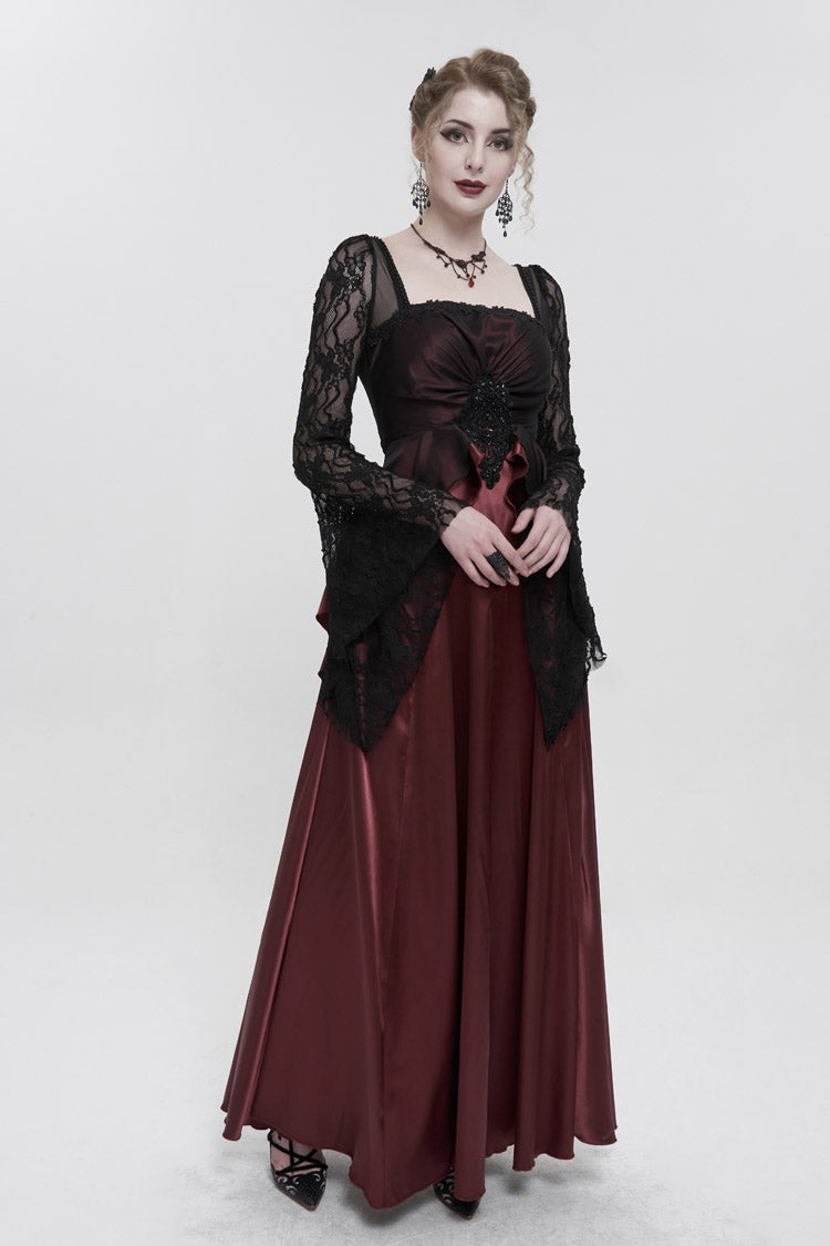 Scarlet Satin Floor-Length Gothic Dress with Pointy Sleeves and Back Zip