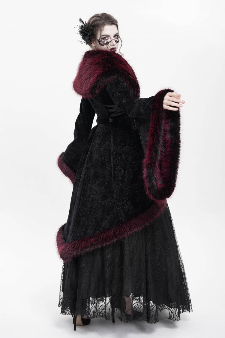 Crimson Floral Embroidered Gothic Fluffy Jacket