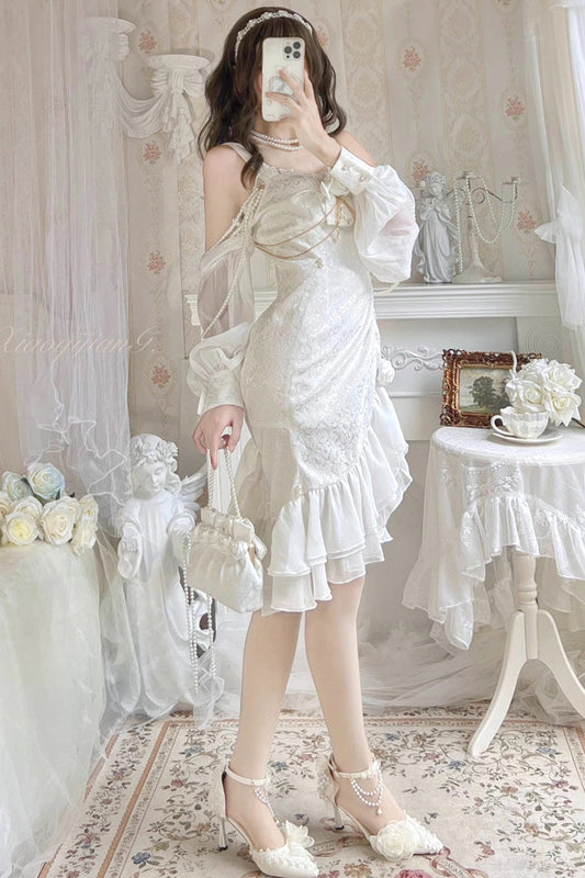 Camellia 2.0 White Sleeveless Jacquard Asymmetric Lace Sweet Fishtail JSK Dress
