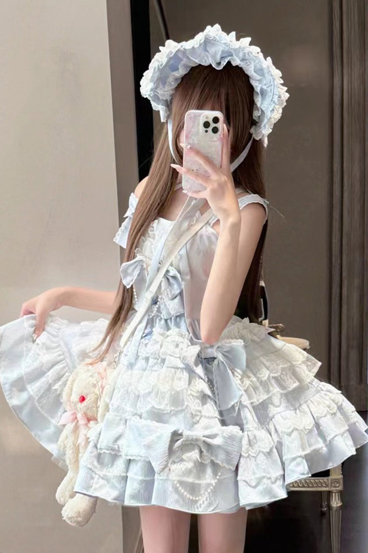 Blue Sweet Gorgeous Lolita JSK Dress with Multi-Layered Ruffle and Bowknot
