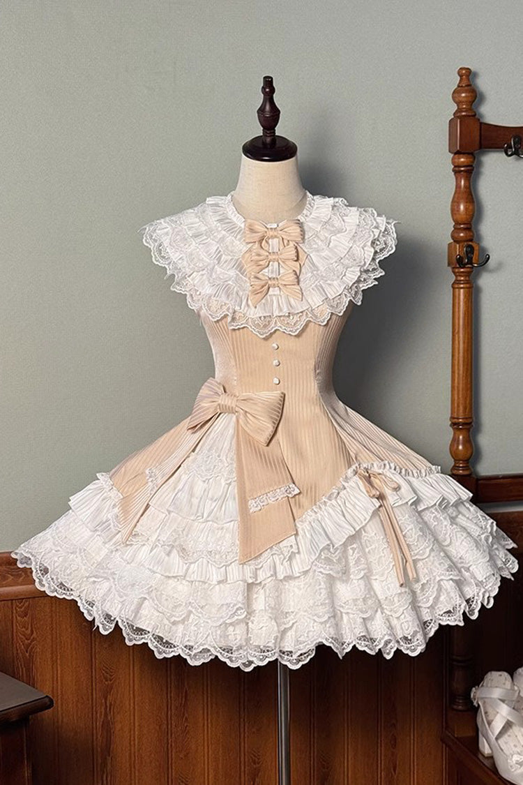 Champagne Asymmetric Lace Bow Sleeveless Multi-Layer Ruffle Sweet Lolita Dress - Miss Tsundere