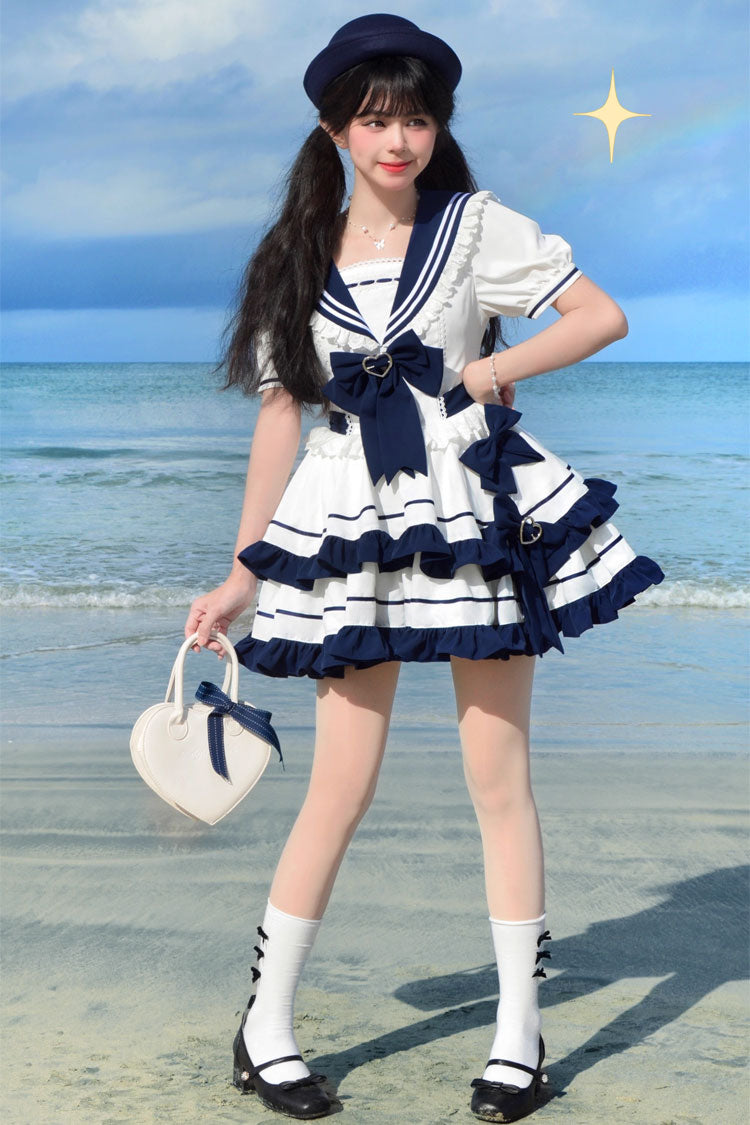 Dark Blue Double Layer Ruffled Sweet Lolita Dress - Short Sleeved Lace