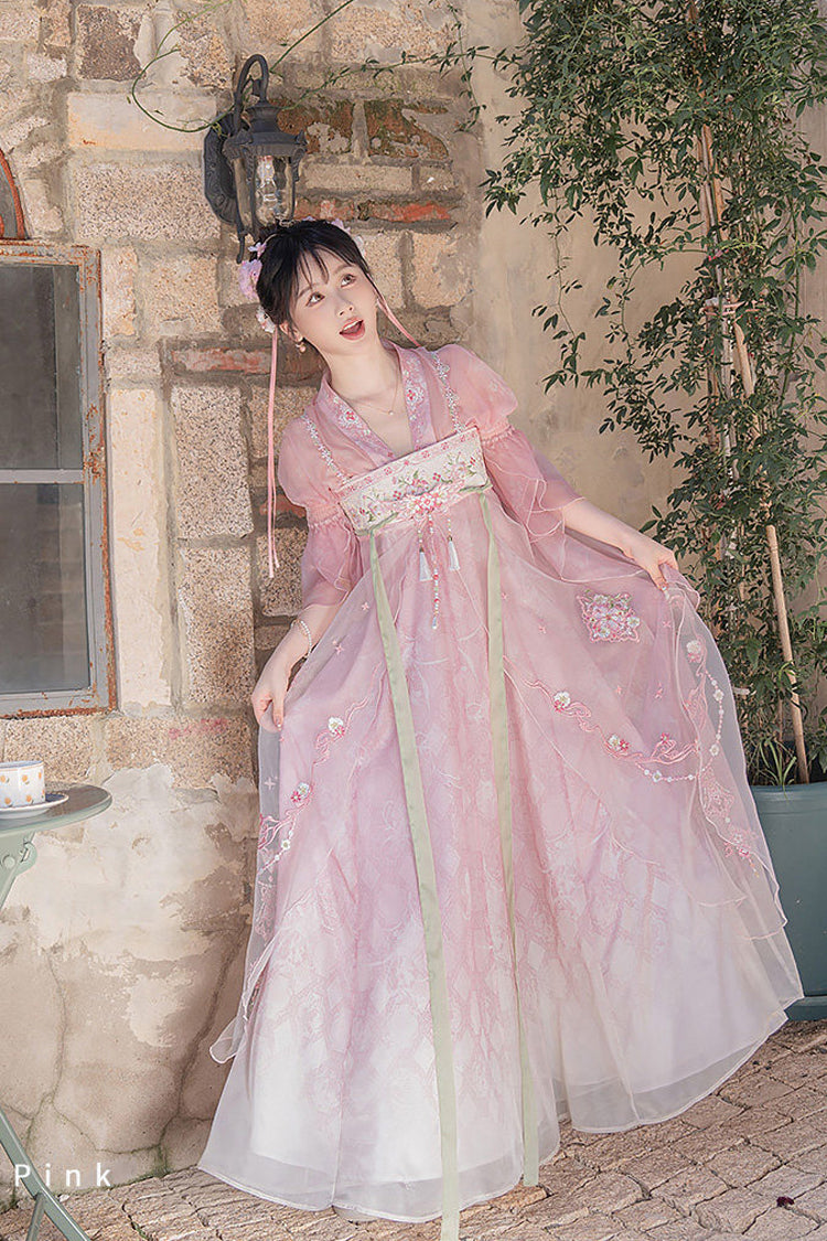 Rose Tang Dynasty V-Neck High Waist Embroidered Women's Casual Sweet Hanfu Ensemble