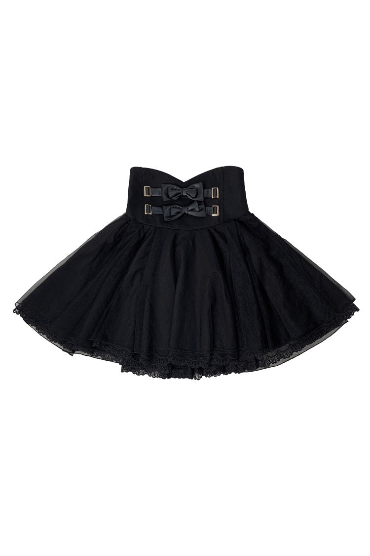 Black Solid Bow-Ornamented Jirai Skirt