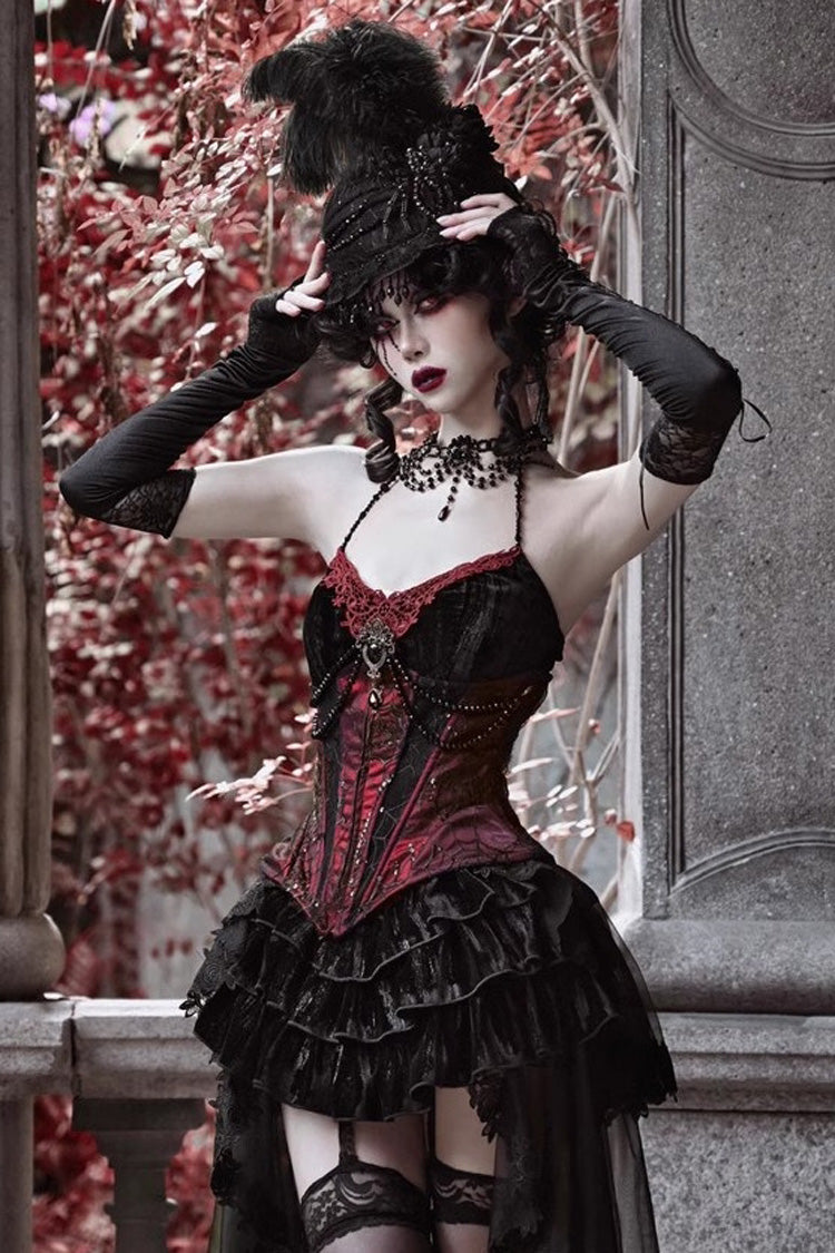 Crimson & Black Rococo Boned Bustle with Ruffled Layers