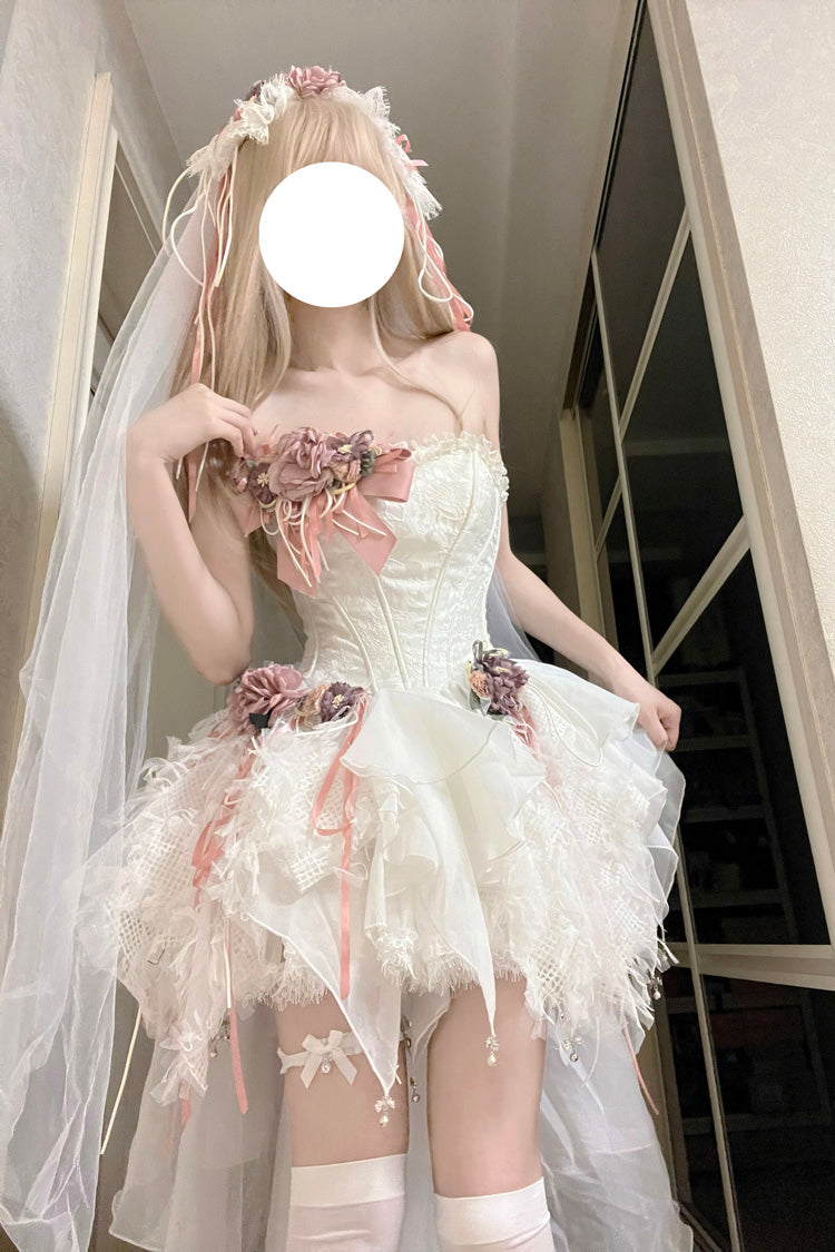 White Sleepless Poem Fishbone Asymmetric Sweet Lolita JSK Dress - Bowknot