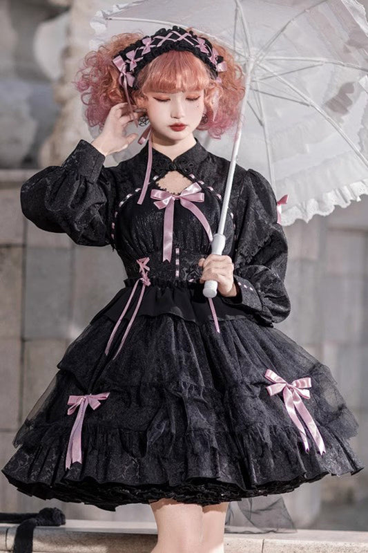 Love Song Long Sleeves Multi-Layered Jacquard Ruffle Bowknot Sweet Gothic Dress