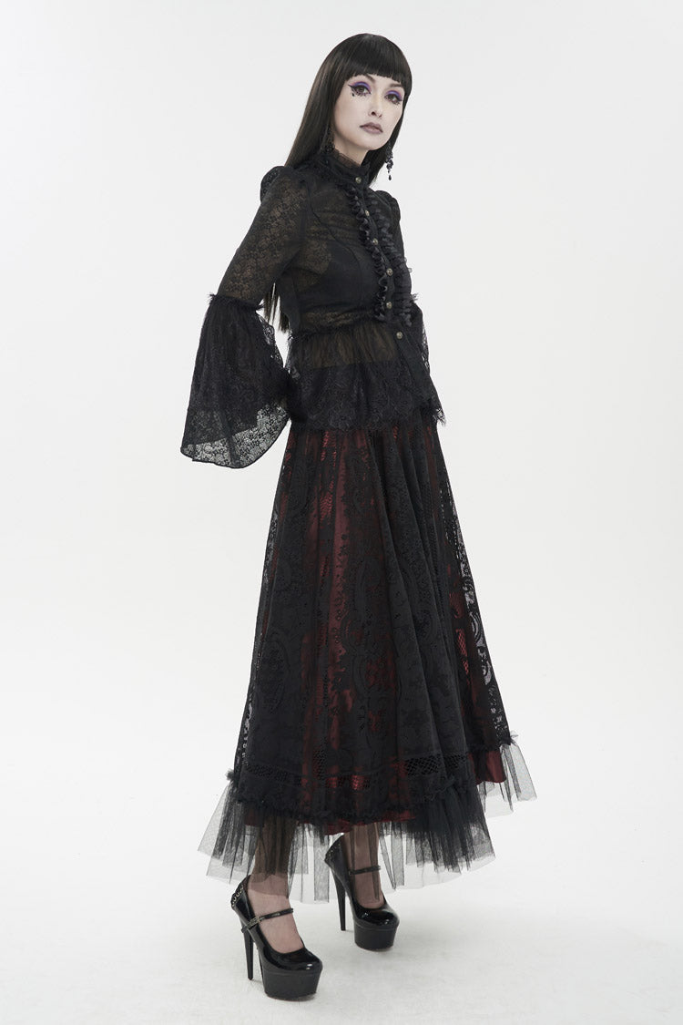 Gothic Round-Neck Flared-Sleeve Black Lace Women's Elegant Blouse