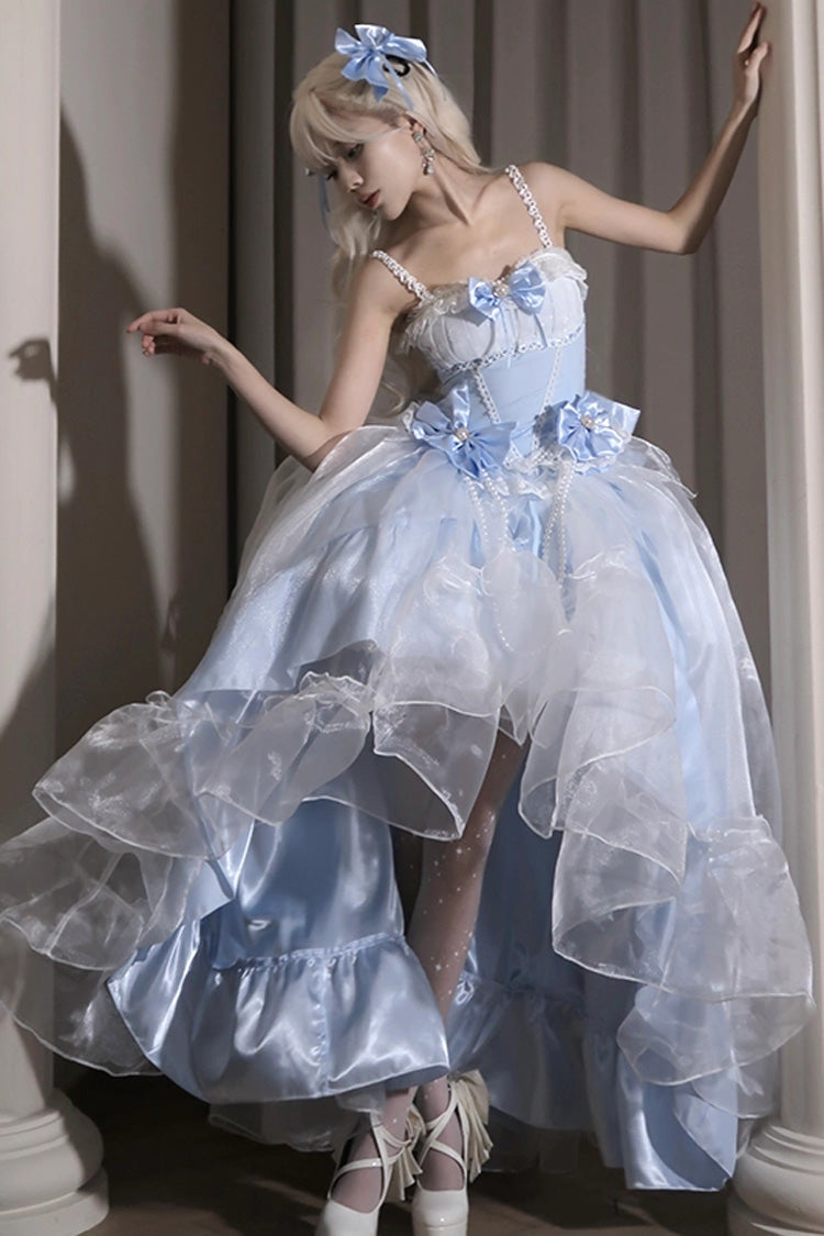 Cerulean and Ivory Porcelain Printed Ruffled Bow Lace High-Low Sweet Plus Size Lolita JSK Long Version