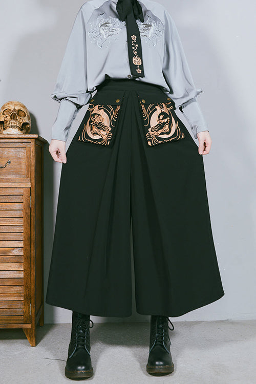 Demonic Embroidered Ouji Wide-Leg Trousers in Black