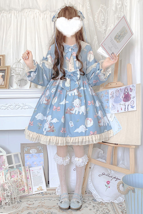 Sweet Lolita OP Dress with Sheep Print and Lantern Sleeves