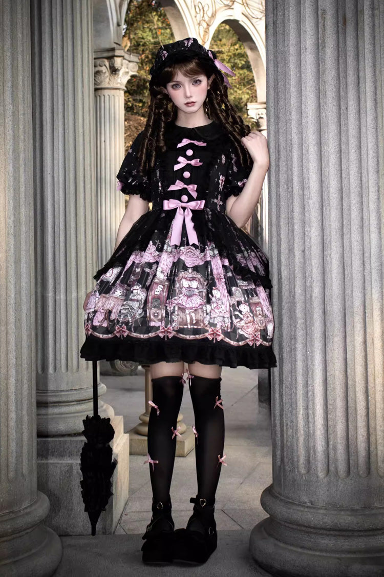 Black Missing Lamb Printed Long Sleeved Ruffled Bow Lace Gothic Lolita Dress