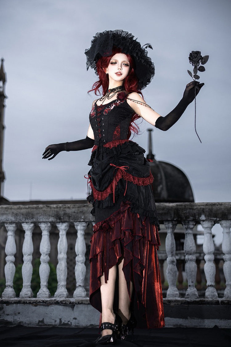 Black/Red Embroidered Lace-Up Gothic Skirt Set with Ruffles