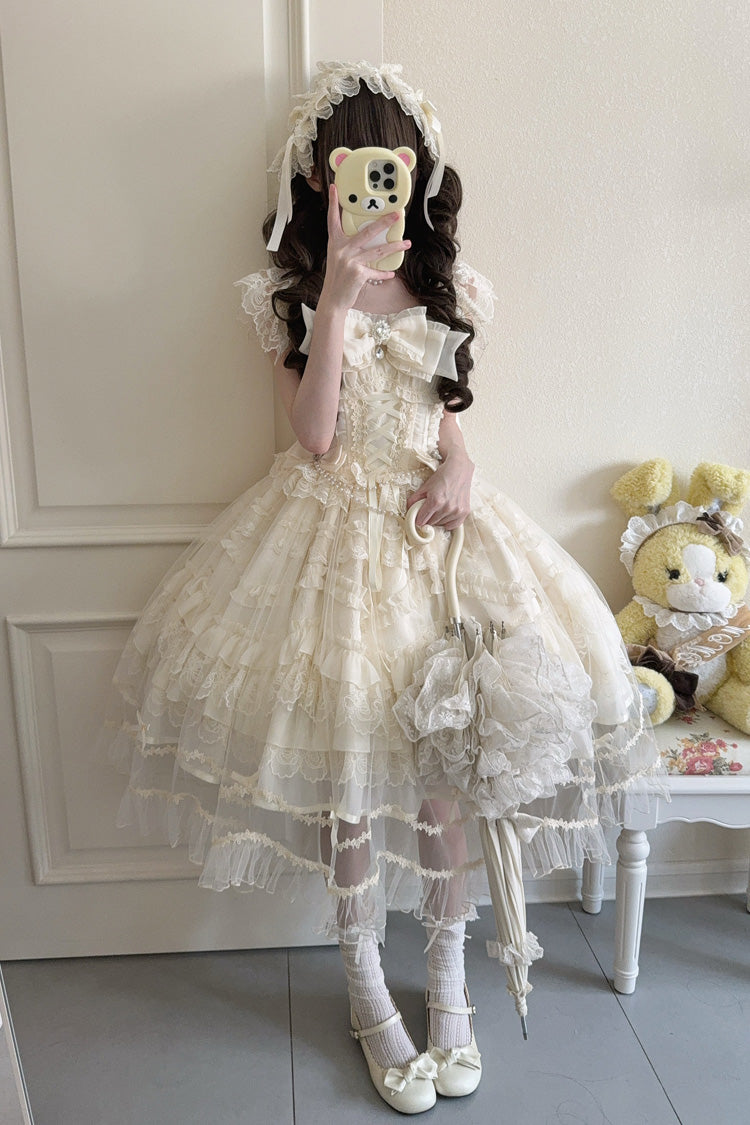 Elegant Apricot Sleeveless Tiered Ruffle Lace-Up Bow Sweet Lolita JSK Gown