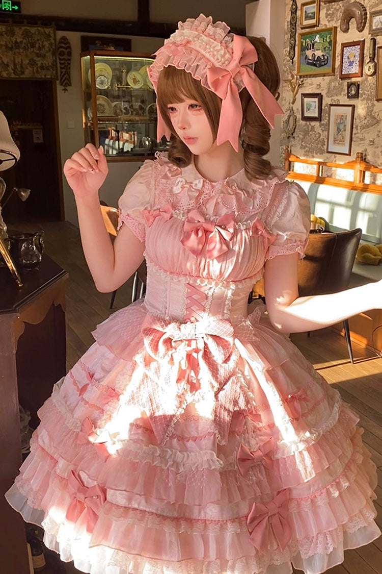 Pink Multi-Layered Ruffled Bow Lace Sweet Gorgeous JSK - Little Lovetine