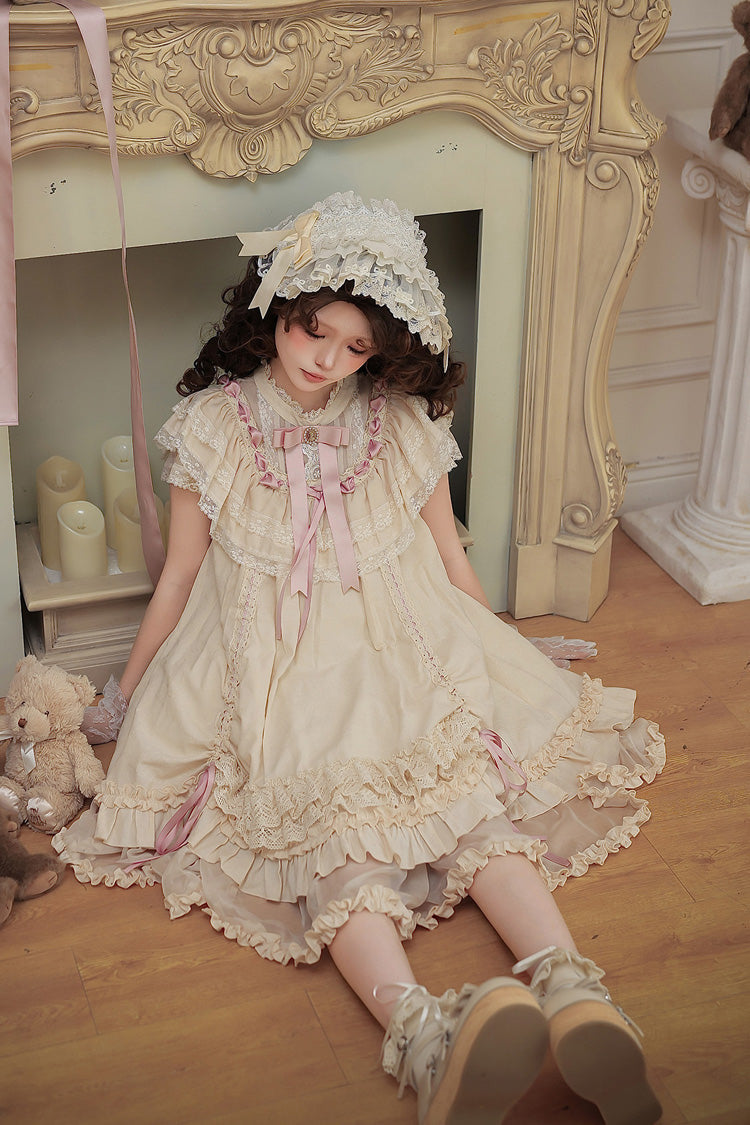 Apricot Sweet Lolita Dress with Stand Collar Short Sleeves Loose Doll-Like Ruffled Bow Lace
