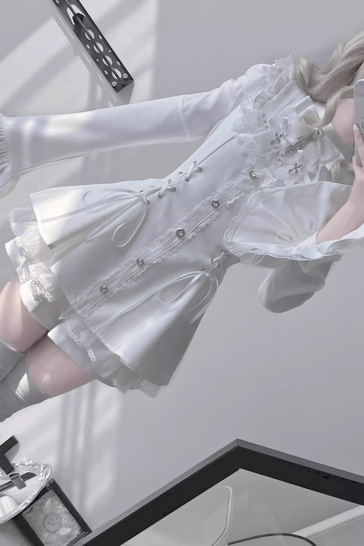 White Long Trumpet Sleeves Bowknot Lace-Up Gothic Jirai Kei Dress Shorts Set