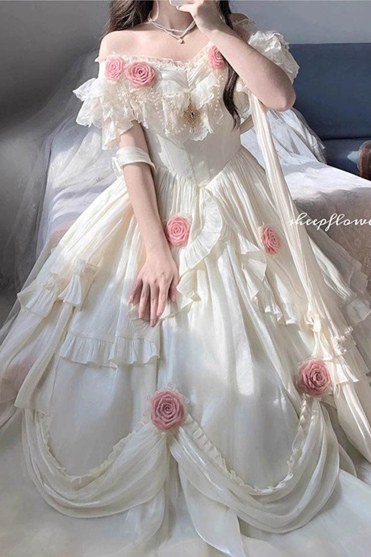 Ivory Rose Pattern Long Sleeve Ruffled Bow Elegant Princess Lolita Strapless