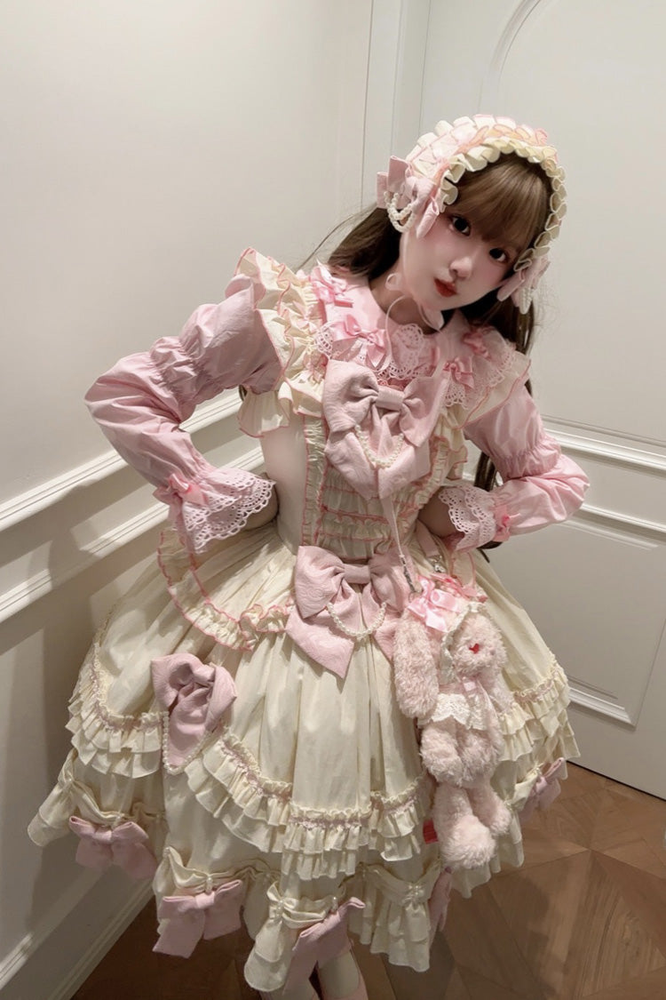 Pink Yellow Doll Multi-Layered Ruffle Bowknot Lace Sweet Dress