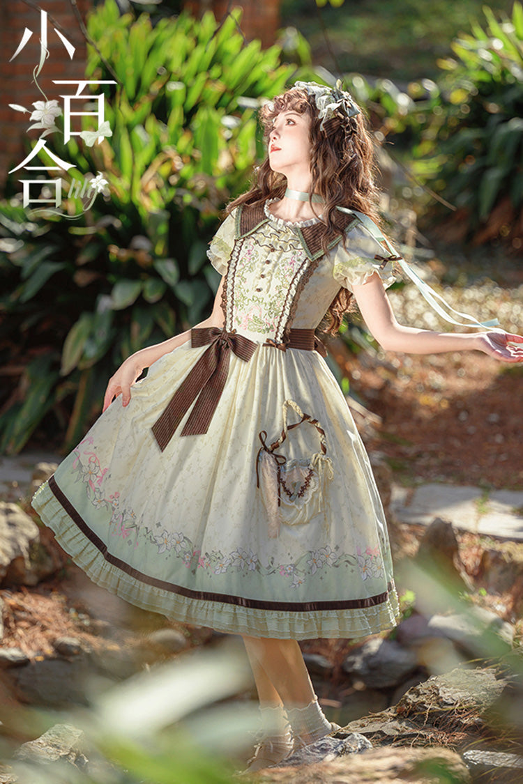 Green Ivory Lily Short Sleeve Print Ruffle Embroidery Bow Lace Sweet Dress