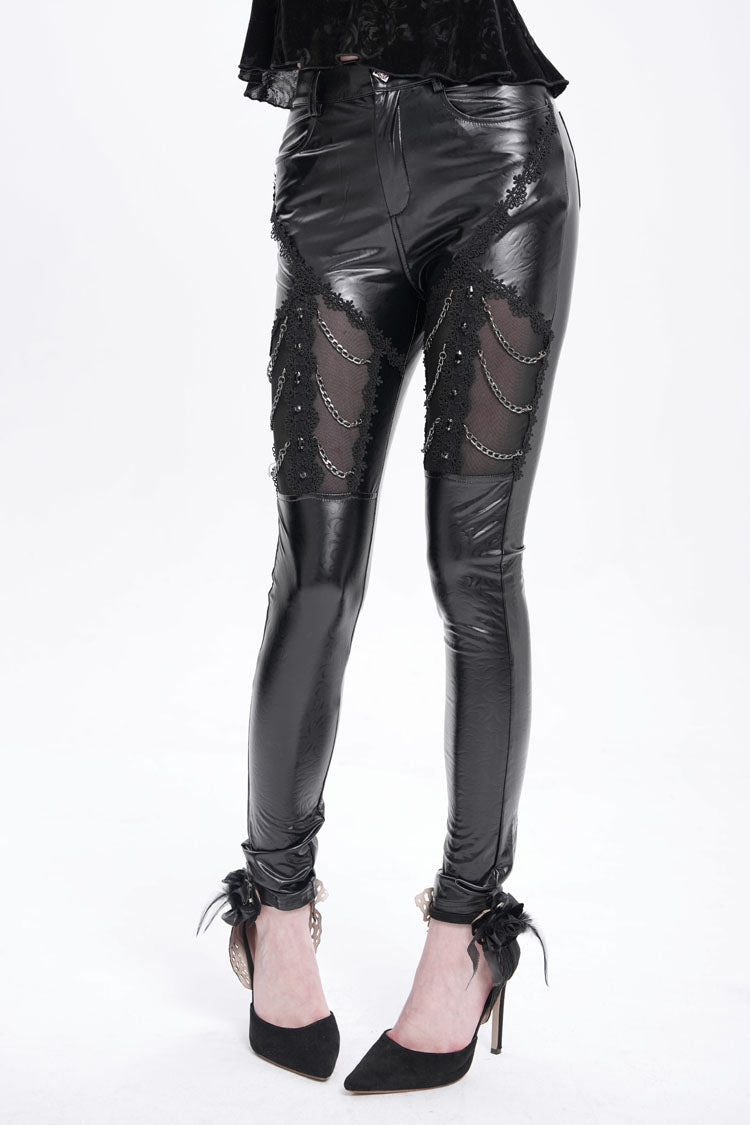Gothic Pants with Faux Leather Stitching Lace and Chain