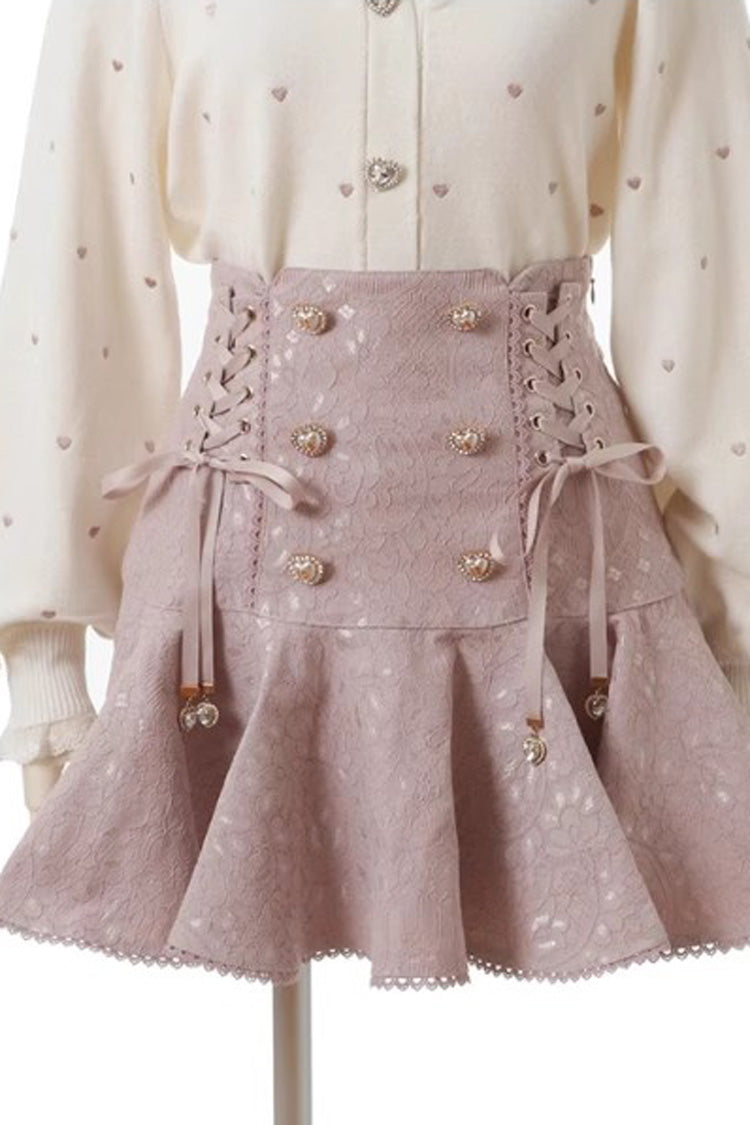 Rosy Double-Breasted Lace-Up Bow Jirai Kei Skirt