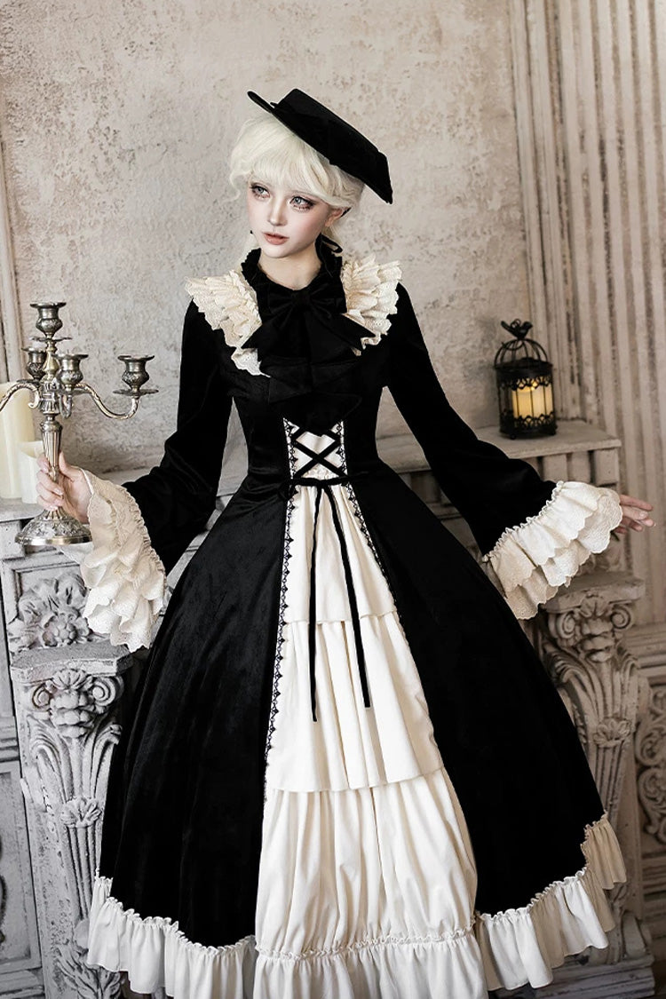 Gothic Lolita Dress with Ruffled Open-Front Bow and Lace-Up - Black