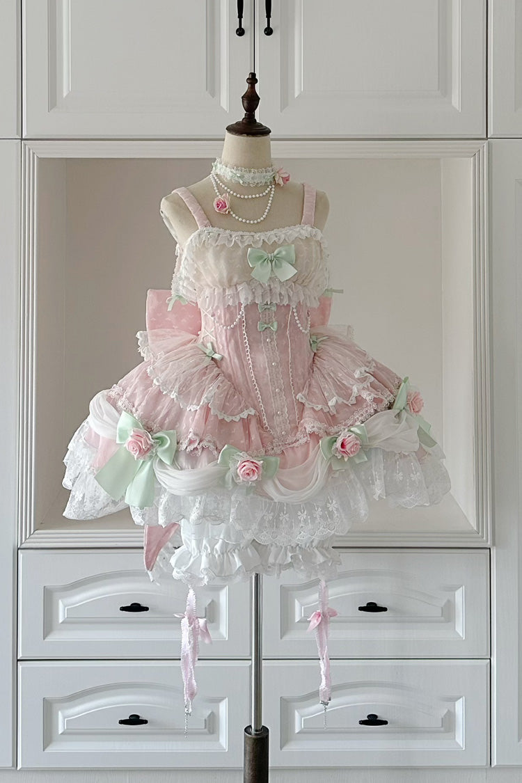 Sleeveless Ruffle Embroidery Bow Lace Pearl Sweet Lolita Jumper Dress - Pink