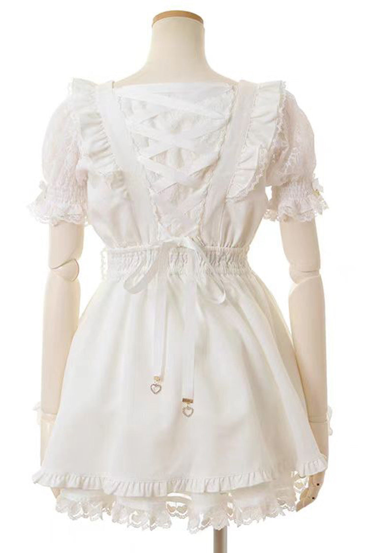 Cute Square-Neck Bow-Trimmed Short-Sleeve Lace Dress Set in Three Colors