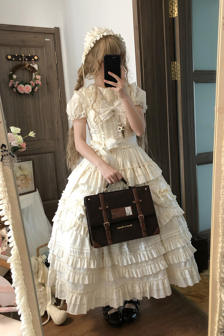 Apricot Sweet Lolita JSK Dress with Multi-Layer Ruffles and Bow Accents
