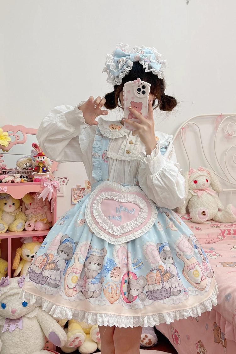 Azure Baked Bear Print Ruffled Sweet Lolita Skirt