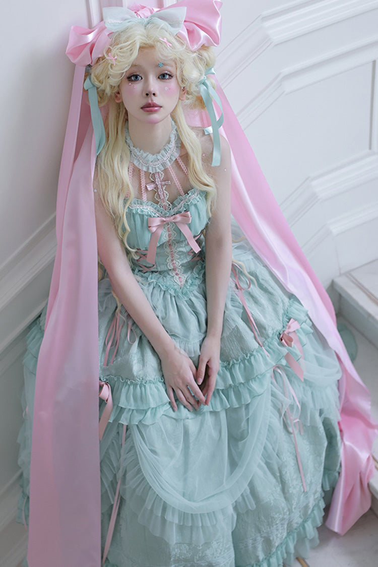 Green Cross Halterneck Lace-Up Sweet Lolita Dress - Ruffled Bowknot Lace