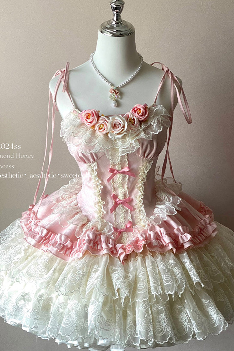 Pink Multi-Layered Ruffled Embroidered Bow Lace Sweet Lolita JSK Dress