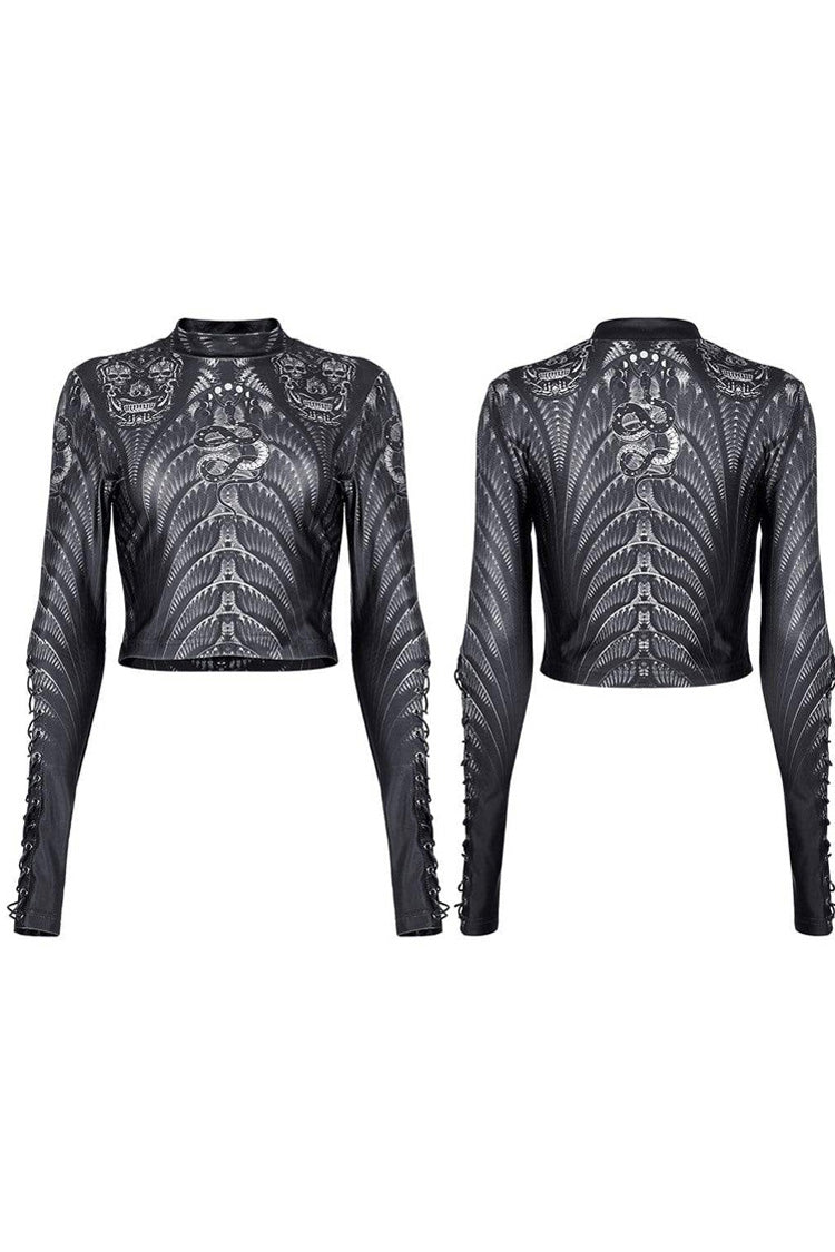 Skeleton Print Cross Tie Rope Mesh Tee - Gothic