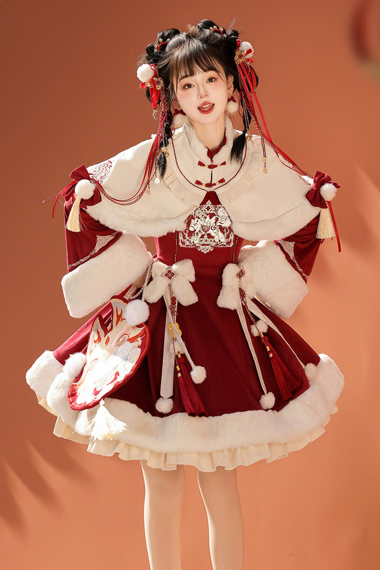 Crimson Embroidered Bow Chinese Sweet Lolita Hanfu Dress