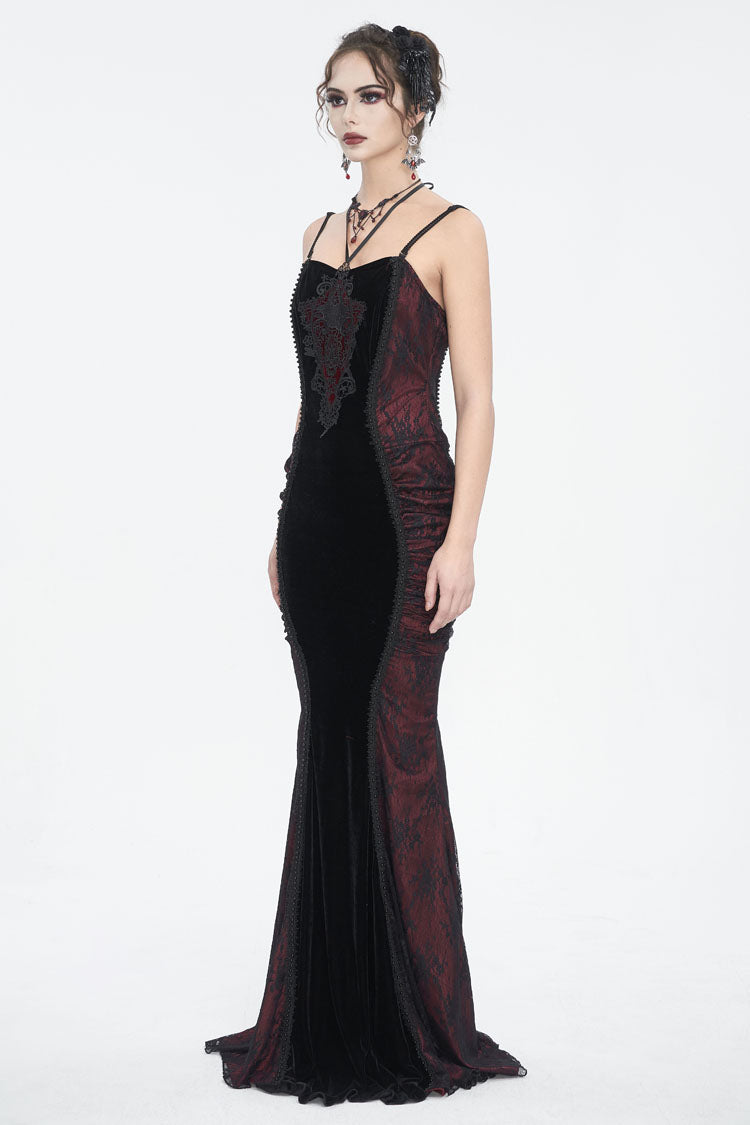 Crimson & Noir High-Waist Embroidered Gothic Dress with Elegant Stitching