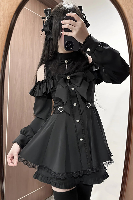 Black Lace Ruffle Strapless Dress Set with Stitching