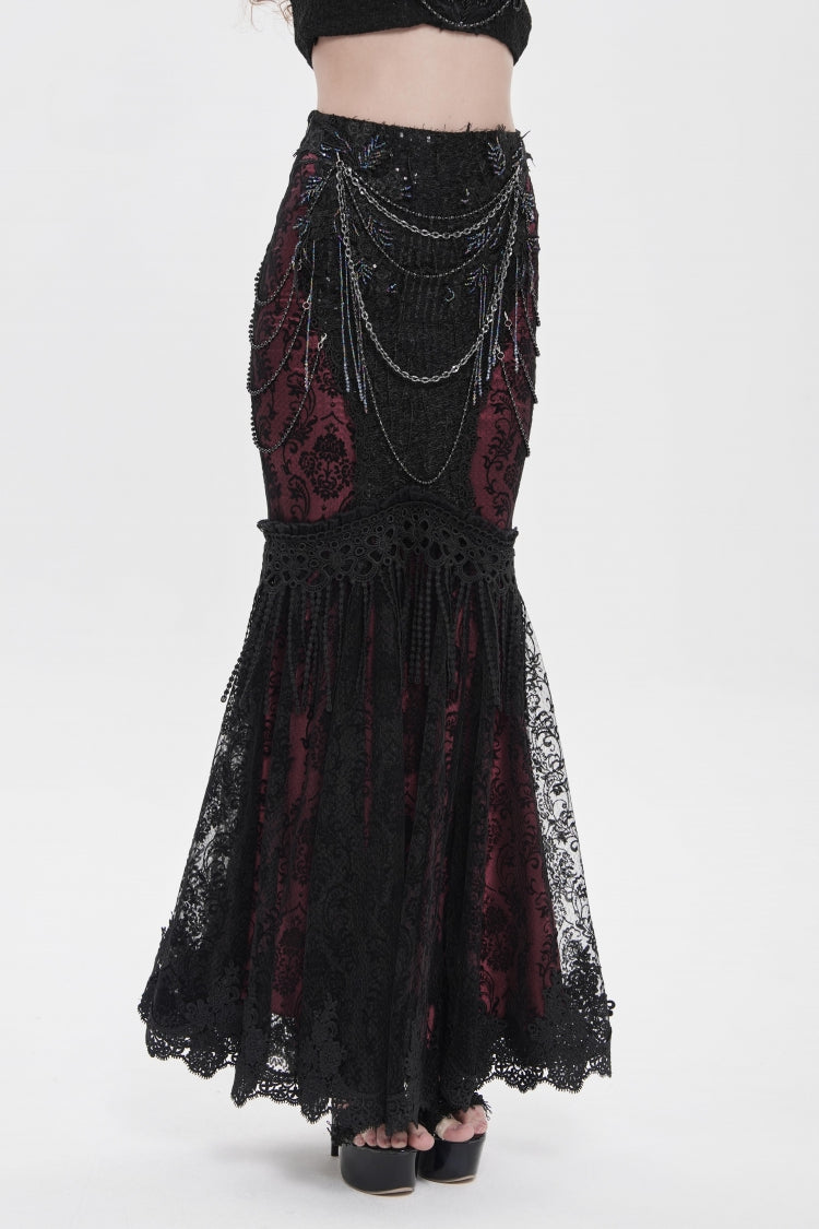 Noir & Red Embroidered Pearl-Adorned Slim Gothic Skirt