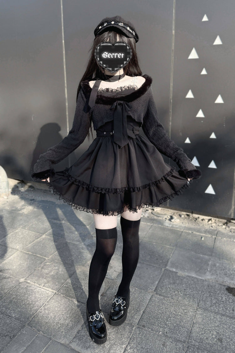 Printed Lace Long-Sleeve Jirai Kei Dress Set - Stardust Oath
